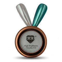 My Store HNS High Brightness Chrome #12 nail powder with two applicator tips, one silver and one teal.