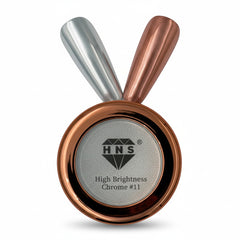 My Store HNS High Brightness Chrome #11 nail powder in a rose gold pot with two applicator tips, one silver and one copper.