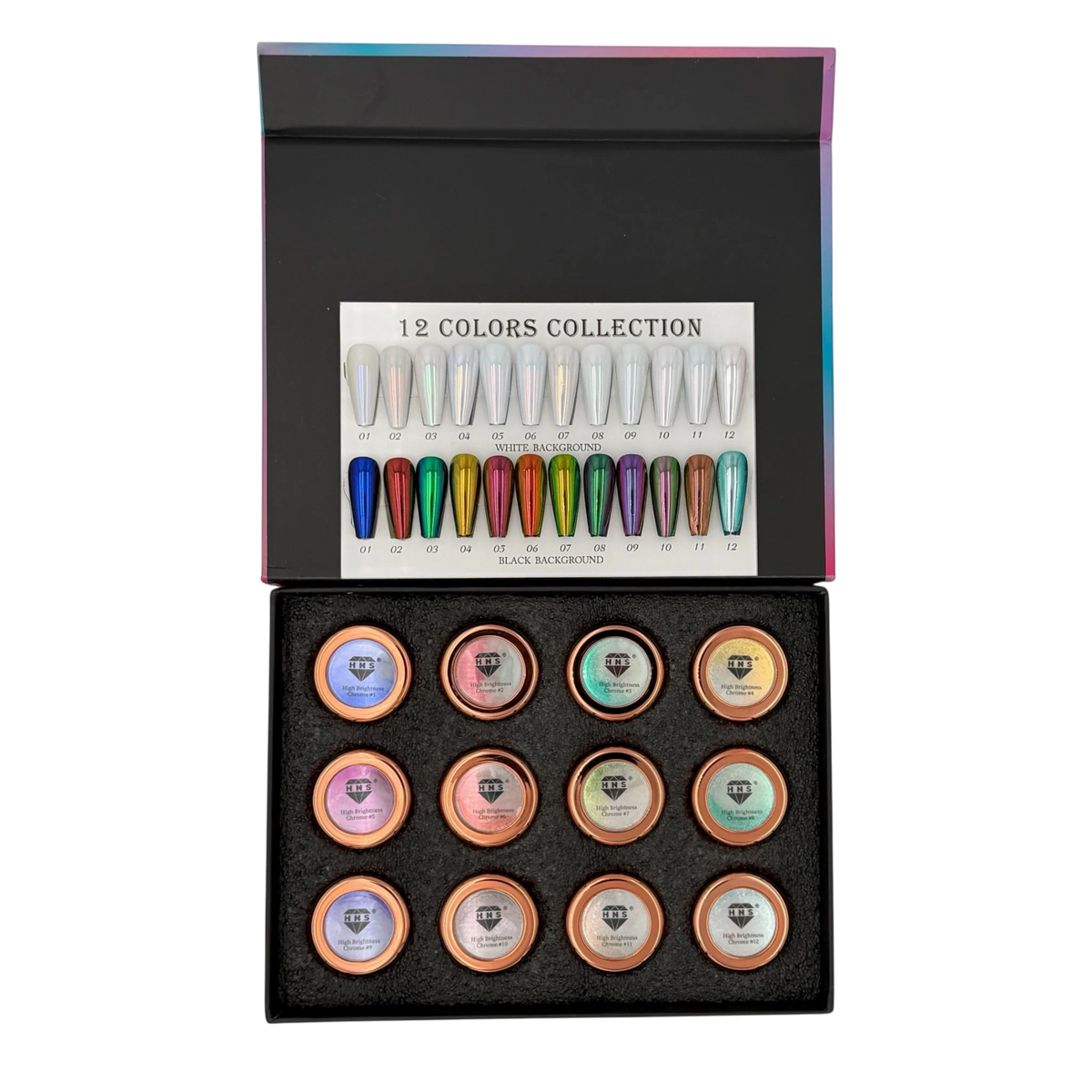 HNS NAIL CHROME POWDER 12 COLORS COLECCTION free 2 base chorme HNS