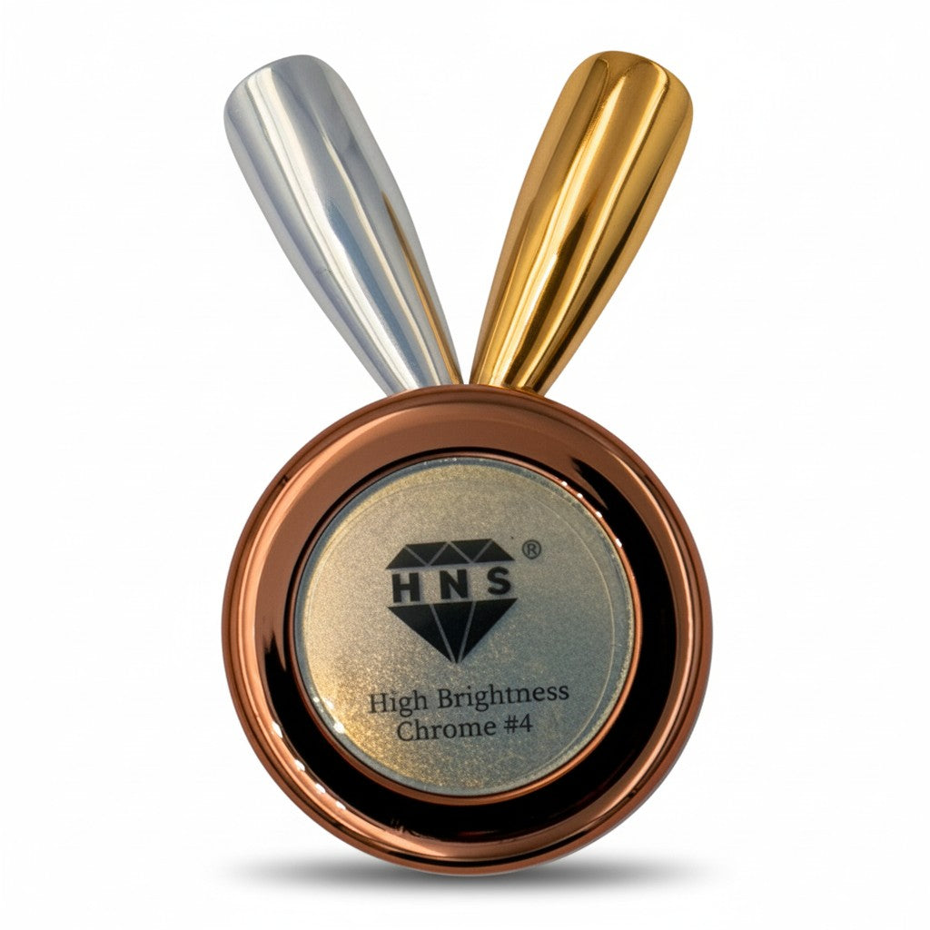 My Store HNS High Brightness Chrome #4 nail powder with silver and gold applicators.