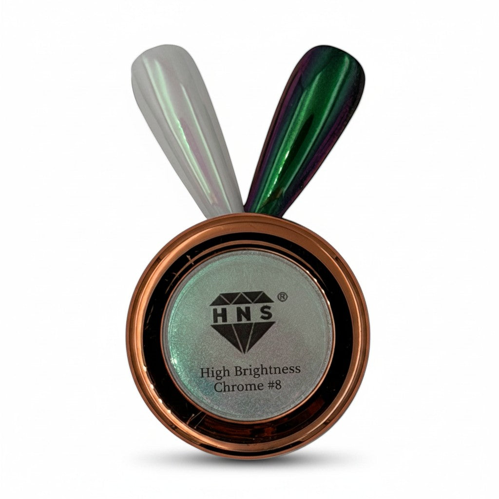 My Store HNS High Brightness Chrome #8 nail powder with iridescent green and white applicators.