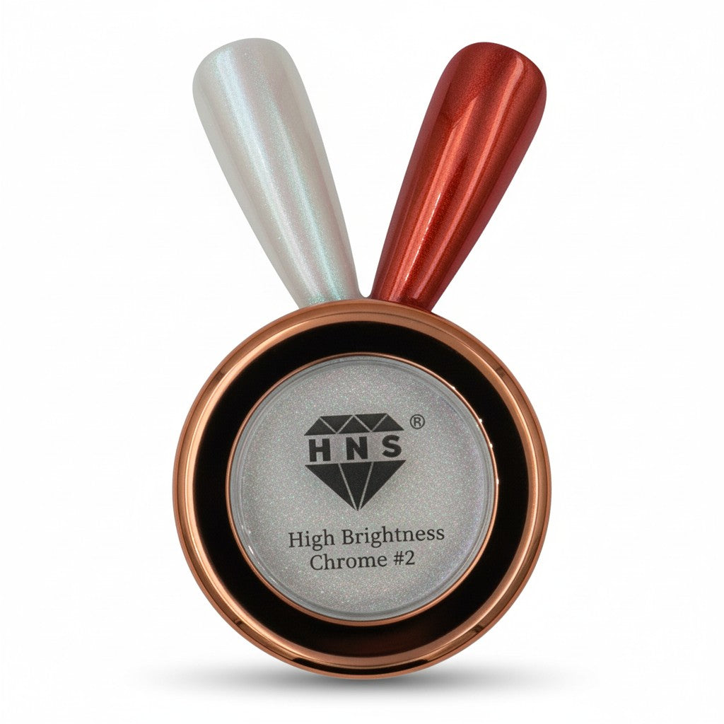My Store HNS High Brightness Chrome #2 nail powder with iridescent white and red applicators.