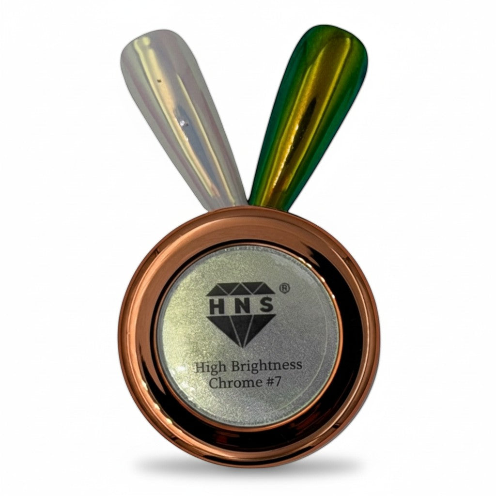 My Store HNS High Brightness Chrome #7 nail powder with iridescent white and green applicators.