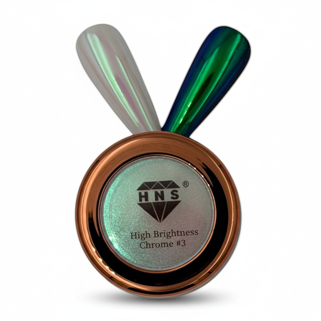 My Store HNS High Brightness Chrome #3 nail powder with iridescent white and green applicators.