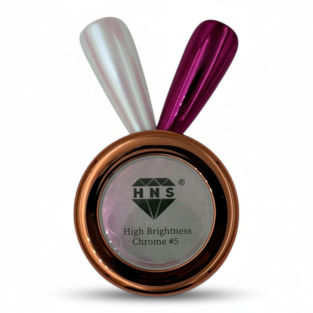 My Store HNS High Brightness Chrome #5 nail powder with iridescent applicator sticks in pearl and magenta.