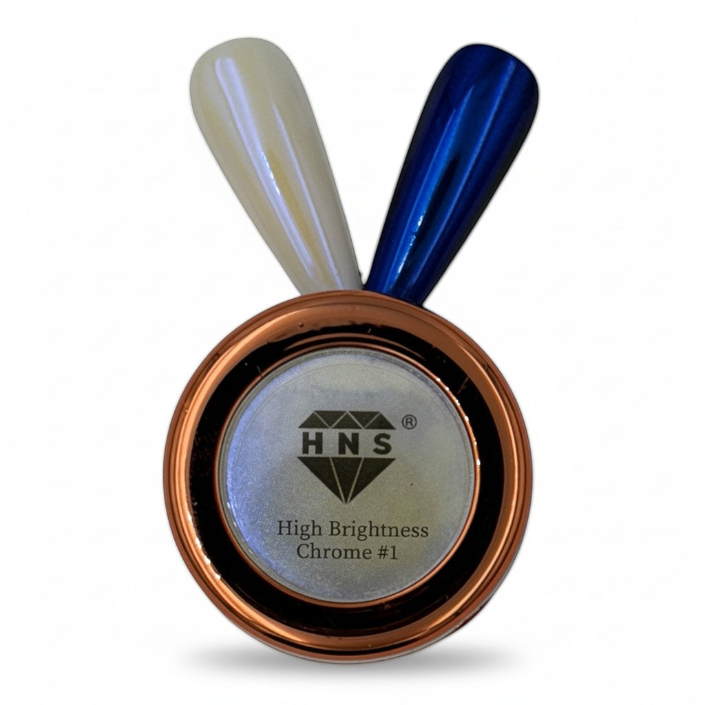 My Store HNS nail chrome powder in pearly white and metallic blue swatches. High brightness chrome.