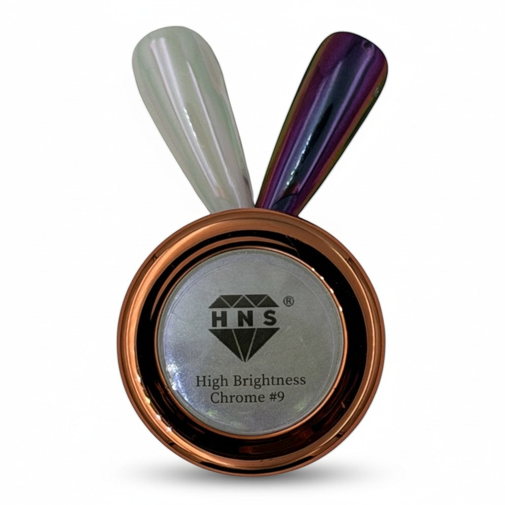My Store HNS nail chrome powder in iridescent pearl and dark purple chrome shades. High brightness formula.