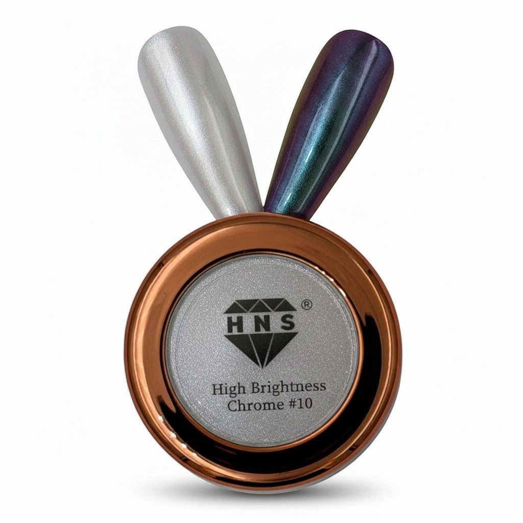 My Store HNS nail chrome powder in silver and iridescent purple/green shades. High brightness chrome #10.